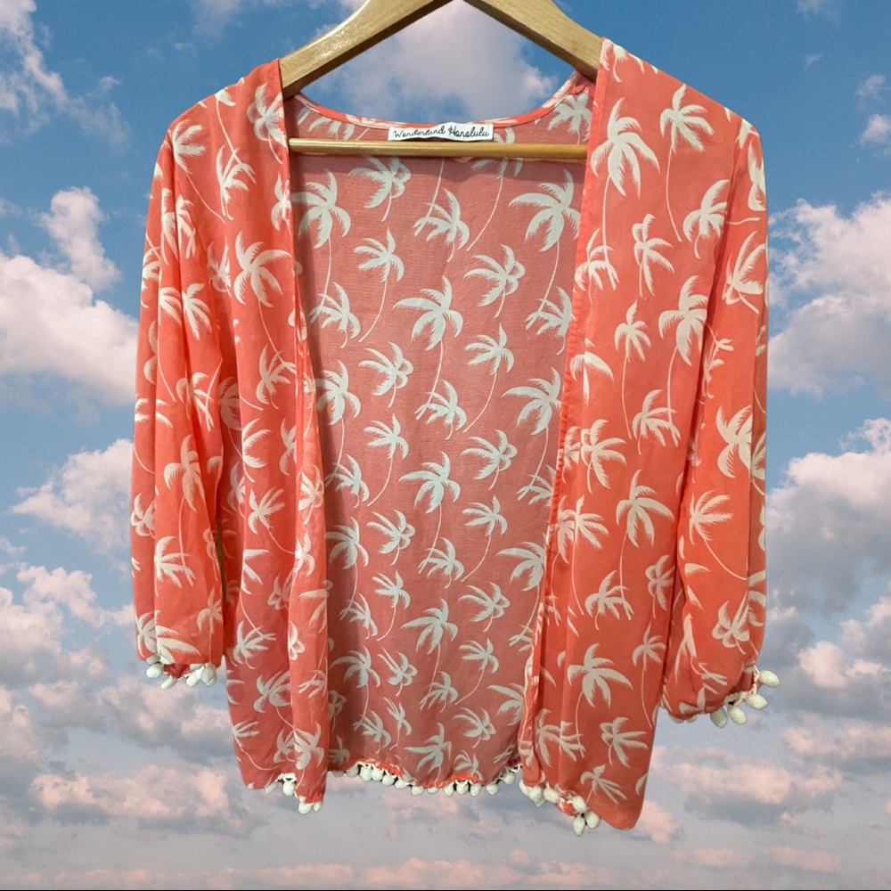 Wonderland Honolulu Pink Palms Kimono with Pom Pom trim ~ Gently Used ~ SIZE M